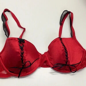 Popsi Lingerie Size 36C Red Lace Up Underwire Bra W/Mesh Ruffle Trim (Preowned)